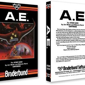Może przedstawiać: Pudełko z grą A.E. na Atari 5200 z ilustracją futurystycznego miasta i dużą latającą mantą. Pudełko jest czarne z czerwonymi i białymi akcentami. Tekst na pudełku brzmi "A.E. na Atari 5200 autorstwa Jun Wade i Makoto Horai Karta Broderbund".
