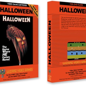 Peut inclure: Une cartouche de jeu vidéo vintage pour les systèmes de jeu vidéo Atari et Sears. Le devant de la boîte présente une citrouille avec un couteau et le texte "Halloween". Le dos de la boîte montre une capture d'écran du jeu et le texte "Pouvez-vous survivre à la nuit où il est rentré à la maison ?"