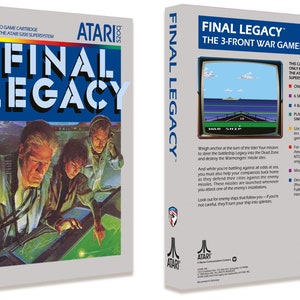Peut inclure: Une boîte de cartouche de jeu vidéo Atari 5200 vintage pour le jeu Final Legacy. La boîte présente un design bleu et blanc avec une image de trois personnes regardant un écran. Le dos de la boîte contient une description du jeu et de ses fonctionnalités.