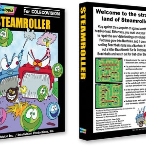 Op de afbeelding: Een retro videogame doos voor Steamroller, een ColecoVision spel. De cover toont een cartoon illustratie van twee stoomwalsen, een blauwe en een rode, met een achtergrond van kleurrijke strandballen en een paarse weg. De tekst "Steamroller" staat in grote, vetgedrukte letters.