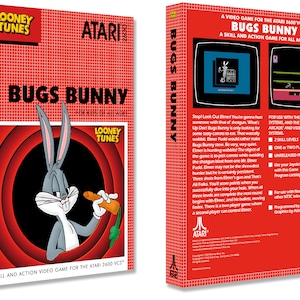 Może przedstawiać: Czerwono-czarne pudełko gry wideo Atari 2600 Bugs Bunny przedstawiające Bugs Bunny'ego jedzącego marchewkę. Na pudełku widnieją napisy "Looney Tunes" i "Atari". Na tylnej stronie pudełka znajduje się opis gry i instrukcje.
