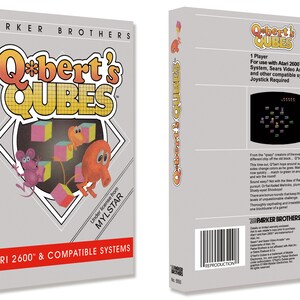 May include: A vintage Q*bert's Cubes video game box, with the Parker Brothers branding. The box art displays the game's characters and a colourful cube-based game board. The text reads "ATARI 2600 & COMPATIBLE SYSTEMS".