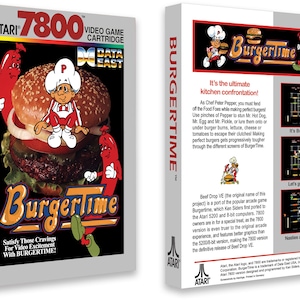 Könnte beinhalten: Eine Vintage-Videospielkassette für Atari 7800 für das Spiel BurgerTime. Die Vorderseite der Schachtel zeigt einen Cartoon-Koch, der auf einem riesigen Hamburger sitzt. Die Rückseite der Schachtel zeigt Screenshots des Spiels und eine Beschreibung des Gameplays.