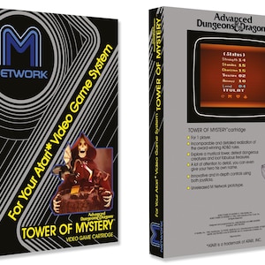 May include: A black and silver Atari video game cartridge box featuring a black and white image of a skeleton holding a treasure chest. The box is for the game "Tower of Mystery" and is an Advanced Dungeons & Dragons game. The box has the text "For Your Atari Video Game System" on the front and back.