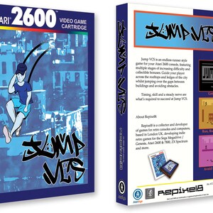 May include: A blue and white Atari 2600 video game cartridge box with a cartoon character jumping on rooftops. The game is called "Jump VCS" and is an endless runner style game. The back of the box has a description of the game and the developer, Repixel8.