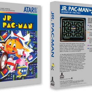 May include: A vintage Atari 5200 game cartridge box for Jr. Pac-Man. The box features a colourful illustration of Jr. Pac-Man riding a tricycle on a blue background with a maze pattern. The text "Jr. Pac-Man" is printed in large, bold letters on the front of the box. The back of the box includes a description of the game and its features.