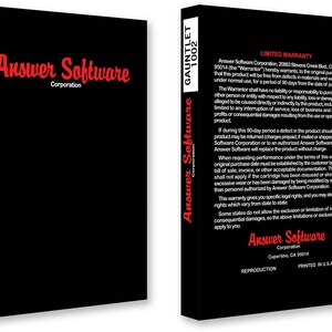 Könnte beinhalten: Schwarze und weiße Box mit rotem Text, der "Answer Software Corporation" und "GAUNTLET 1002" lautet. Die Box hat eine eingeschränkte Garantie auf der Rückseite.