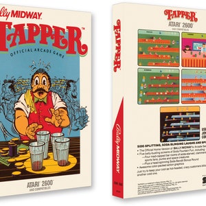 Puede incluir: Una ilustración de caja de juego de video retro para el juego Atari 2600 Tapper. La parte delantera de la caja presenta a un barman de dibujos animados sirviendo bebidas a una multitud de clientes. La parte posterior de la caja muestra capturas de pantalla del juego, que es un juego de arcade con temática de bar donde los jugadores deben servir bebidas a los clientes antes de que se enojen.