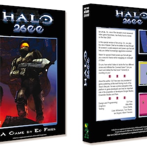 May include: A box for the Atari 2600 video game HALO 2600. The box features a black and red background with a green and black illustration of a soldier holding a gun. The text "HALO 2600" is in a white font with a blue outline. The text "A Game by Ed Fries" is in a white font.