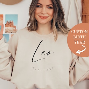 Personalizado Leo Año Personalizado Zodiacología Astrología Sudadera Minimalista Boho Regalo de Cumpleaños Año de Nacimiento Regalo para Amiga, Regalo para ella, Navidad