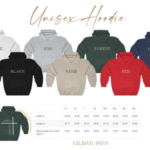 May include: Unisex hoodie in 10 different colors: white, black, ash, sand, forest, red, navy, green, light blue, and dark blue. The hoodie has a drawstring hood and a pouch pocket. The size chart shows measurements in inches for sizes S through 5XL.