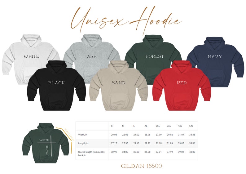 May include: Unisex hoodie in 10 different colors: white, black, ash, sand, forest, red, navy, green, light blue, and dark blue. The hoodie has a drawstring hood and a pouch pocket. The size chart shows measurements in inches for sizes S through 5XL.