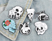 Gothic Skeleton Enamel Pins Lapels Brooches Badges Rose Coffee Pot Pizza Cool Jewellery Gift
