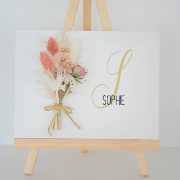 Personalized easel with dried flowers personalized name baby gift idea birth picture sign children's room name sign plotter