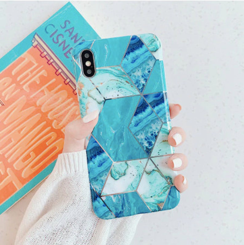 Geometric Blue Green Silver Marble iPhone 12 Pro Max Case