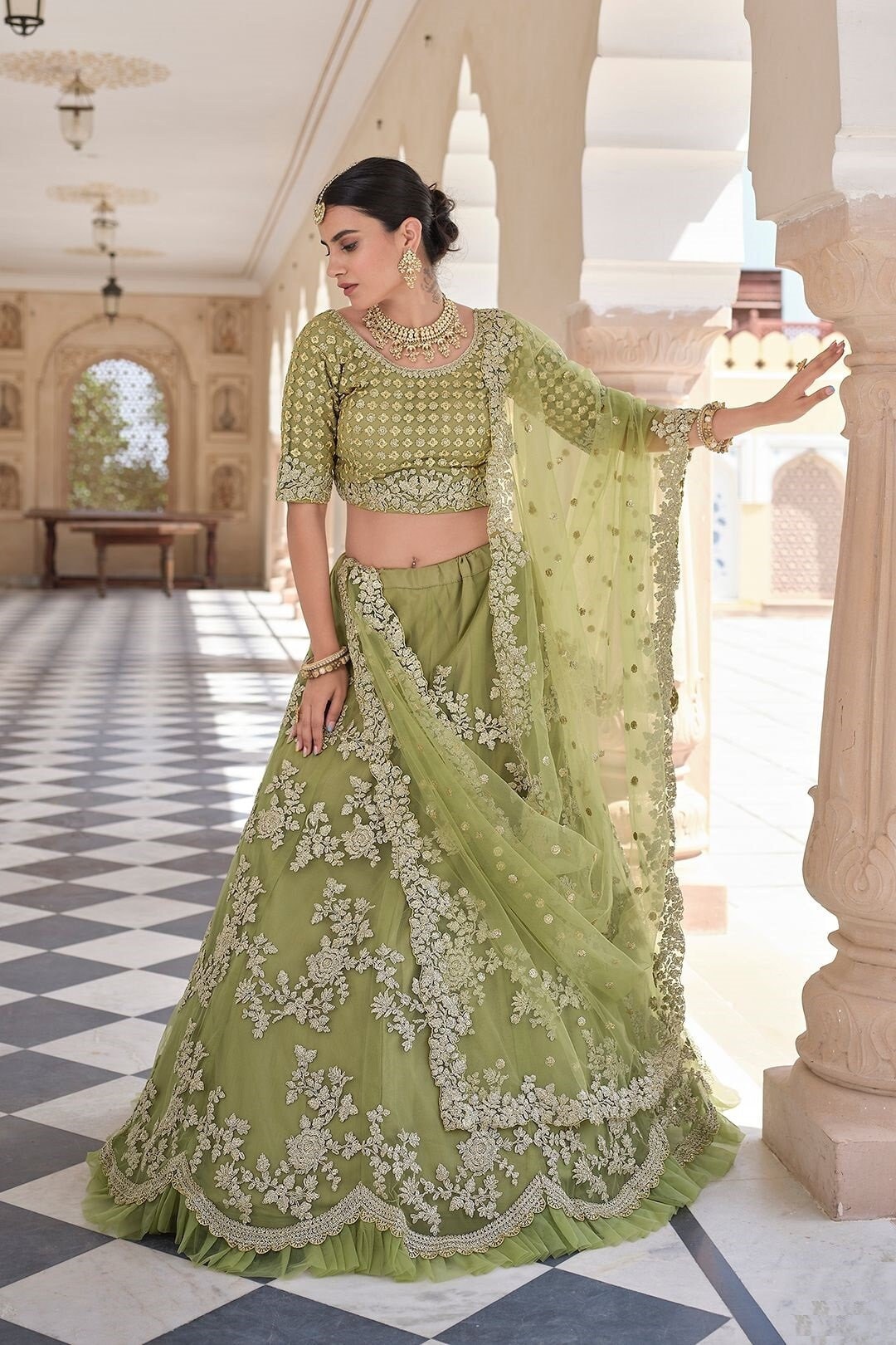green net lehenga choli with dupatta