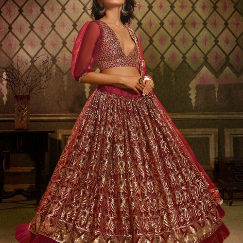Maroon Net Lehenga Choli Indian Wedding Bridal Sequin Lengha Choli Designer Party Wear shops Bollywood Modern Ghagra Choli for Women