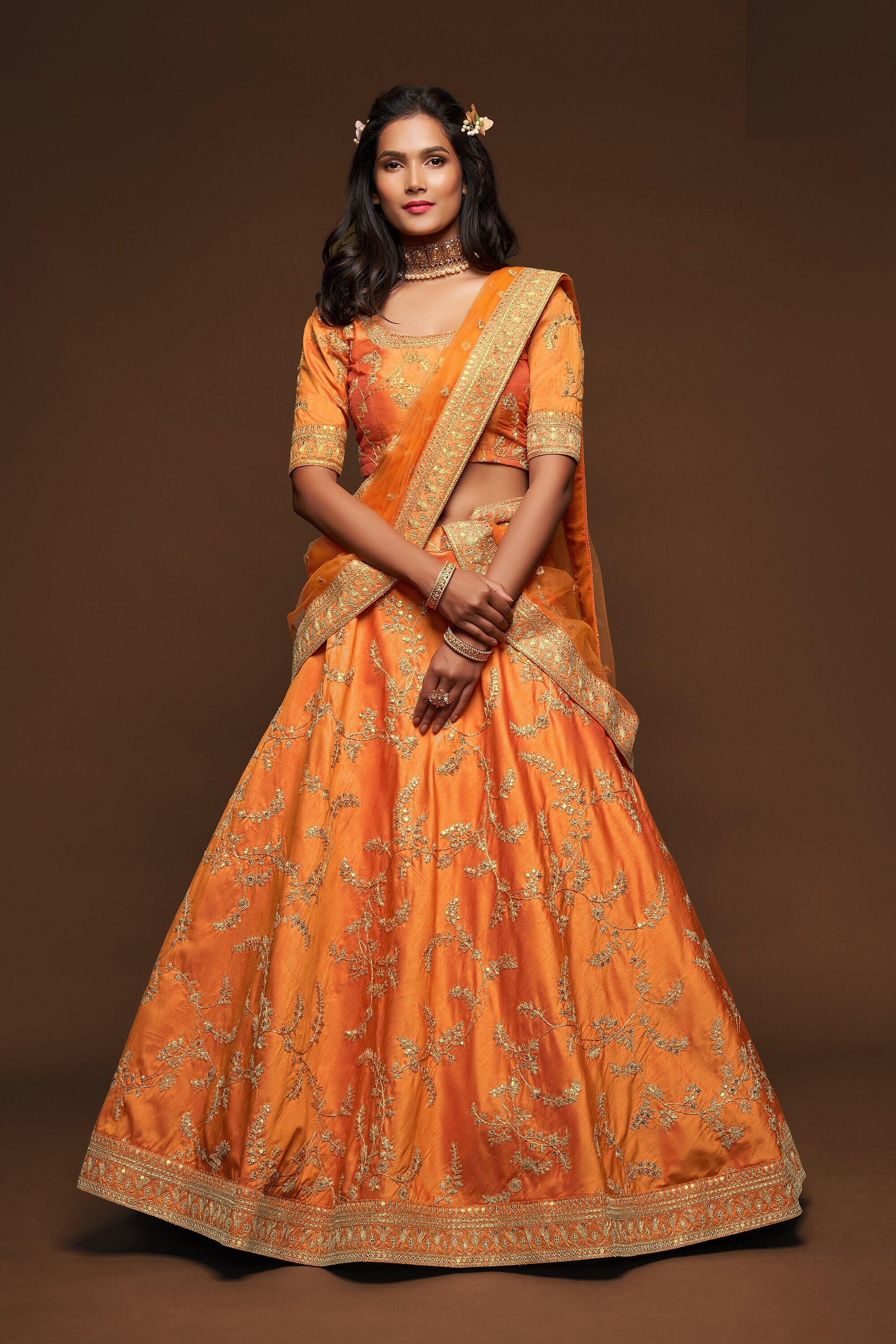 Orange colour clearance lehenga for bride