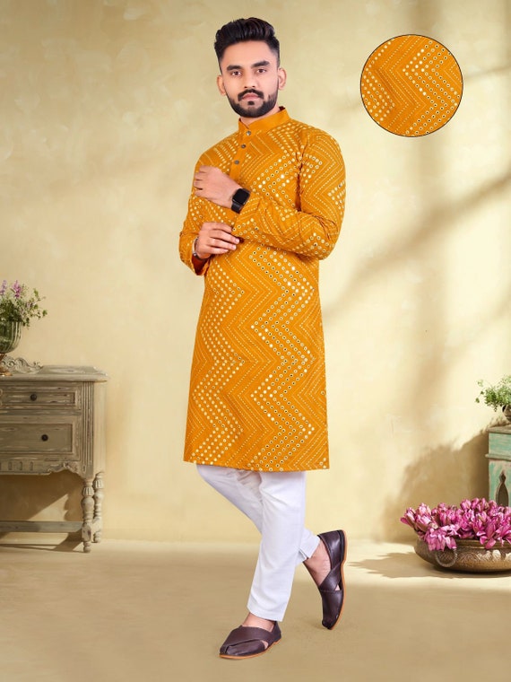 Yellow Mens Kurta Pajama Set for Wedding Mirror Work Kurta Pajama