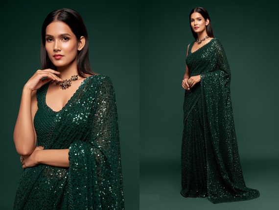 Dark Green Designer Sequin Georgette Saree With Sequins Work