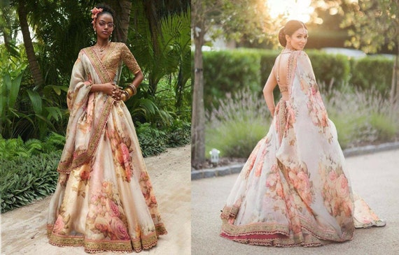 cream floral lehenga