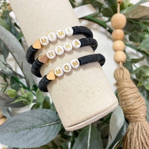 Custom Bracelet -Black Heishi Beads -White and Gold Accents - Stretch Bracelet - Elastic Bracelet-Name Bracelet - Mama Bracelet