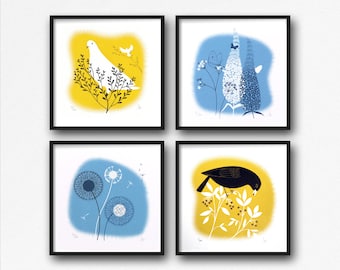 REDUCED TO CLEAR - Set of 4 Screenprints - Blackbird Dove Buddleia and Dandelion