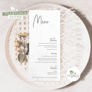 Carte de menu à planter, menu de mariage simple, menu à planter minimaliste moderne, menu en papier graine, cartes de menu imprimées, respectueux de l'environnement
