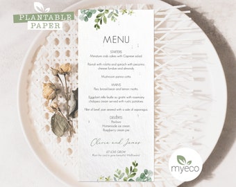 Karta menu weselnego do sadzenia: papier z nasionami zieleni, ekologiczny