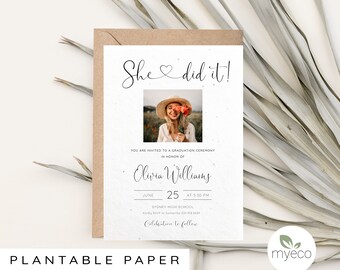 Plantable Graduation Invitation, Modern Graduation Announcement with photo, seeded paper, 5x7 inches size with envelope, printed invitation