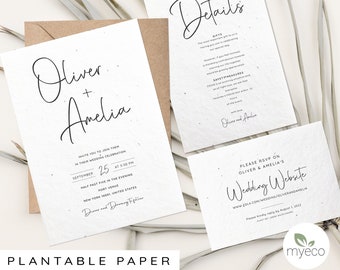 Plantable Minimal Wedding Invitation Set, Seeded Paper invitations, rsvp and detail card, simple invites, Printed Invitation