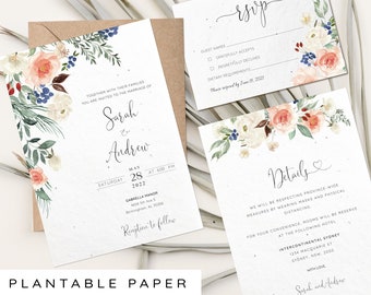 Seed paper Wedding Invitations, Floral Romantic Wedding, Plantable wedding invites with rsvp and detail card, biodegradable Wedding set