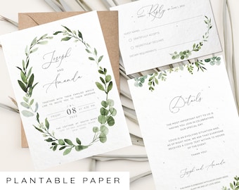 Plantable Wedding Invitation Set, Greenery,  Seeded Paper invitation, rsvp and detail card, Boho Invitation, Printed Invitation envelope