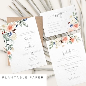 Hochzeitseinladungen aus Samenpapier, florale romantische Hochzeit, bepflanzbare Hochzeitseinladungen mit Rsvp und Detailkarte, biologisch abbaubares Hochzeitsset