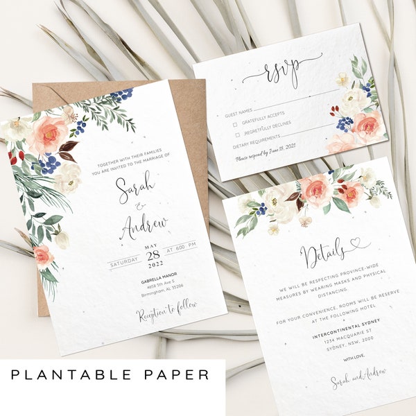 Seed paper Wedding Invitations, Floral Romantic Wedding, Plantable wedding invites with rsvp and detail card, biodegradable Wedding set