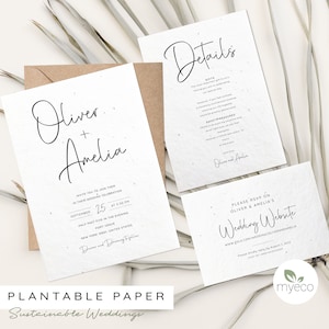 Plantable Minimal Wedding Invitation Set, Seeded Paper invitations, rsvp and detail card, simple invites, Printed Invitation