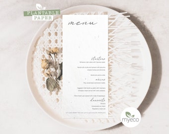 Carte de menu en papier ensemencé, menu de mariage simple, menu plantable minimal, menu en papier de semence, cartes de menu imprimées, écologique