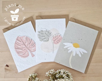 Plantable All Occasions Cards for her, Seed paper greeting cards, line flower art (3 Pack)