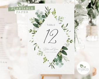 Spersonalizowane, roślinne numery stołów weselnych: papier z nasionami stokrotek i maków