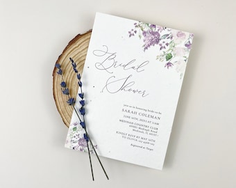 Zaproszenie na wieczór panieński z roślinnością: papier z nasionami dzikich kwiatów, wzór lawendy