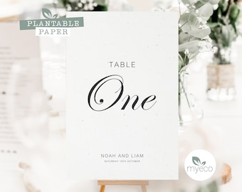 Roślinne numery stołów weselnych: papier z nasionami stokrotek i maków