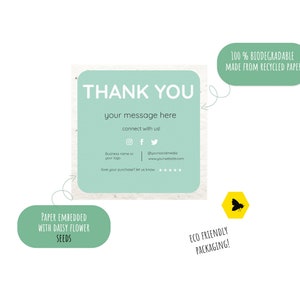 Samenpapier Dankeskarte Geschäft, personalisiertes Samenpapier, quadratische Dankeskarte, Umweltfreundliches Kleinunternehmen, nachhaltiges Geschäft