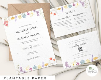 Plantable Wildflowers Wedding Invitation Set, Boho Floral Seeded Paper invitations, rsvp and detail card, Printed Invitation