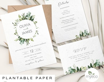 Pflanzbare Hochzeitseinladung, Greenery, Seeded Paper Einladung, Rsvp und Detailkarte, Boho Einladung, gedruckter Einladungsumschlag