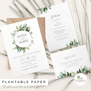 Plantable Wedding Invitation Set, Greenery,  Seeded Paper invitation, rsvp and detail card, Boho Invitation, Printed Invitation envelope
