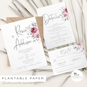 Faire-part de mariage roses à planter, roses bourguignonnes, faire-part en papier ensemencé, carte de réponse et carte détaillée, enveloppe d'invitation imprimée