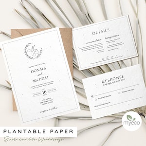 Conjunto de convite de casamento plantável, convite de papel semeado, cartão rsvp e detalhes, convite elegante, envelope reciclado de convite impresso