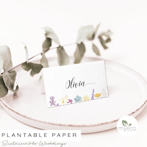 Cartões de lugar plantáveis, cartões de mesa de flores silvestres, cartões de lugar personalizados, nome de lugar de casamento personalizado, papel semeado