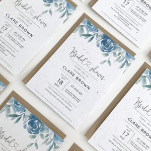 Plantable  Bridal Shower Blue Invitation, Seeded Paper, Floral Bridal Invitation, Recycled Cards, Printed Invitation with envelope.