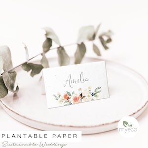 Marque-places à planter, Roses roses, Nom de lieu de mariage personnalisé, Marque-places en papier ensemencés imprimés